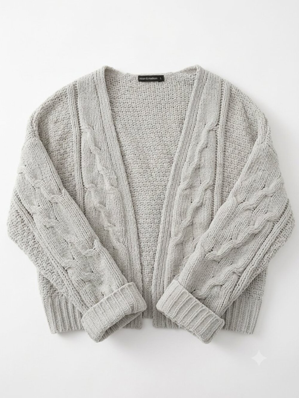 Moon & Madison Grey Chunky Cable Knit Chenille Open Front Cardigan - Size Large